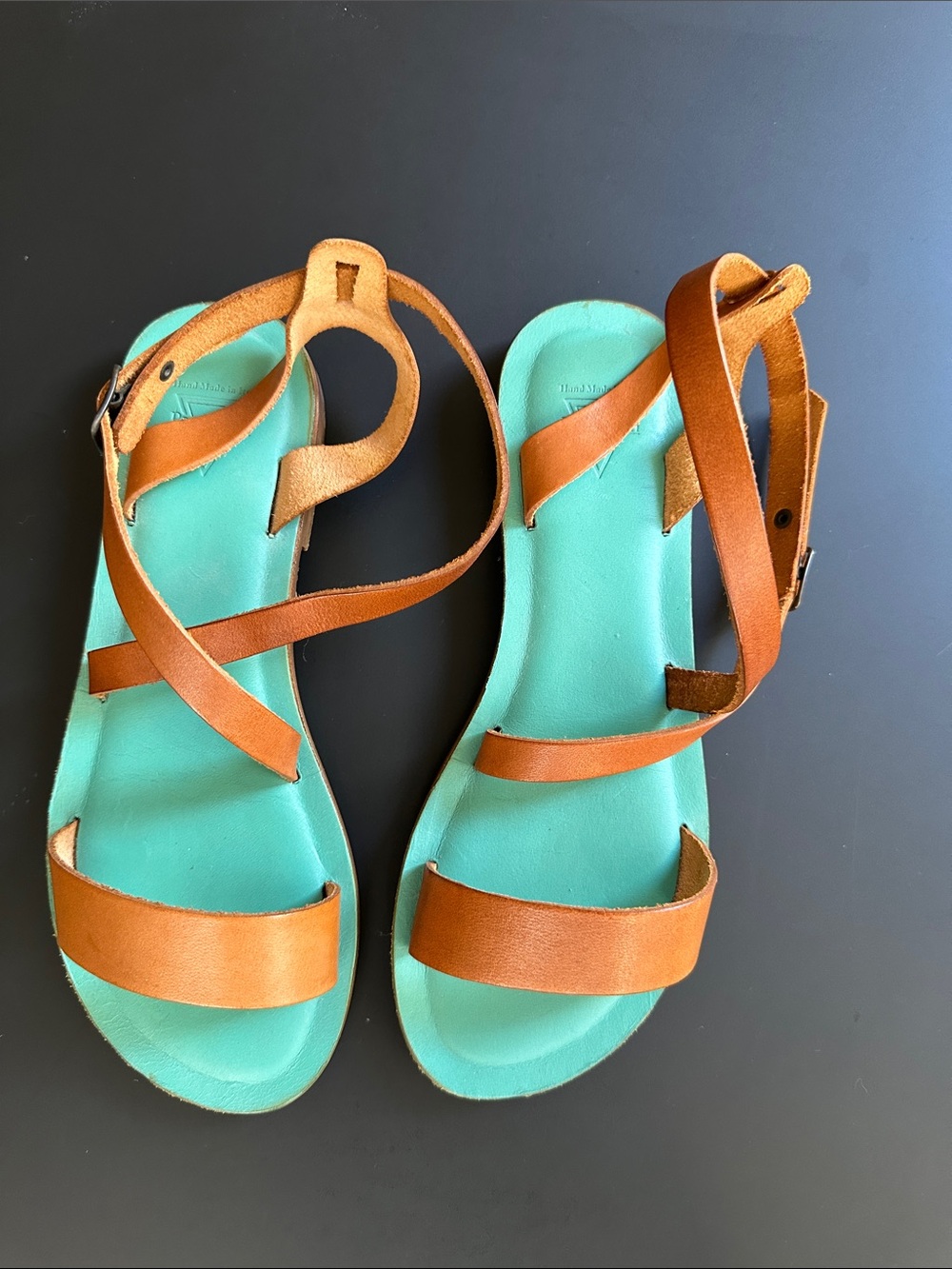 Popol Vuh teal and cognac sandles